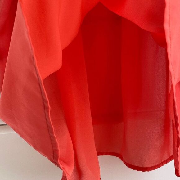 Cynthia Rowley Pleated Short Sleeve Chiffon Tie Neck Dressy Blouse Coral Large - Picture 7 of 12